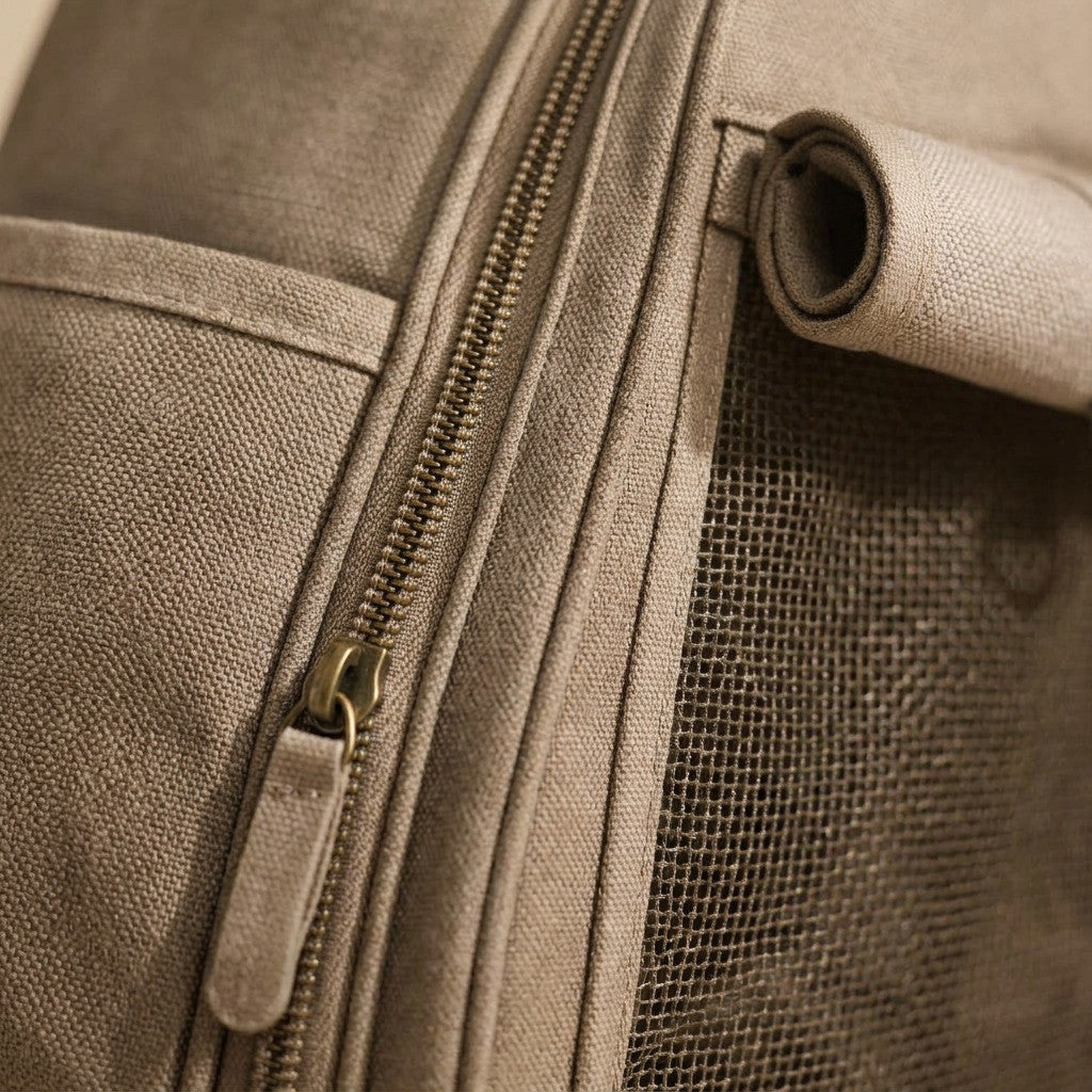 Mochila de Traslado Viaje para gato — detalle de materiales — Mora & Bigotes