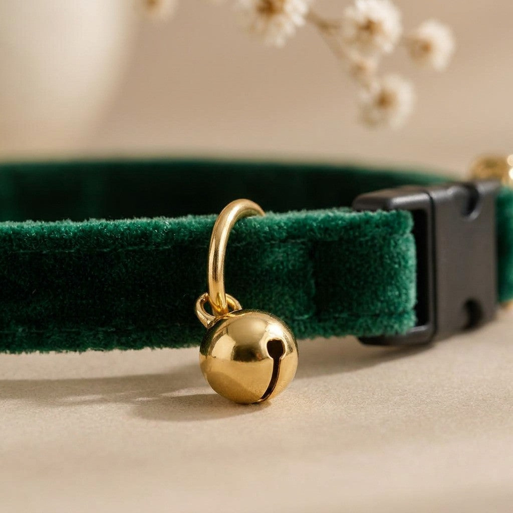 Collar Esmeralda de Terciopelo para gato — detalle de materiales — Mora & Bigotes