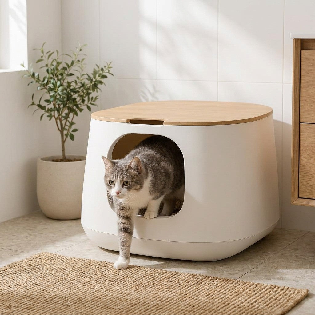 Arenero Cubo con Tapa para gato — en uso — Mora & Bigotes