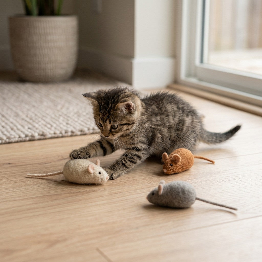 Trío de Ratones de Lana para gato — en uso — Mora & Bigotes