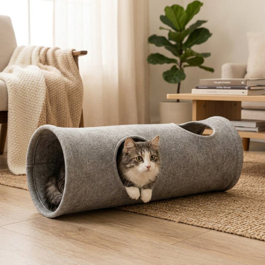 Túnel Fieltro Gris para gato — en uso — Mora & Bigotes